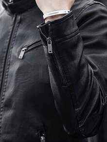 1pc Men's Leather Motorcycle Jacket, Suitable For Outdoor Spring And Autumn - Black - View 4