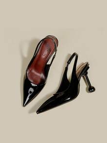 女士黑色漆皮尖头小猫跟鞋，优雅正式礼服鞋，时尚搭扣派对高跟鞋，简约松紧后跟带高跟鞋 - 黑色 - 查看 2