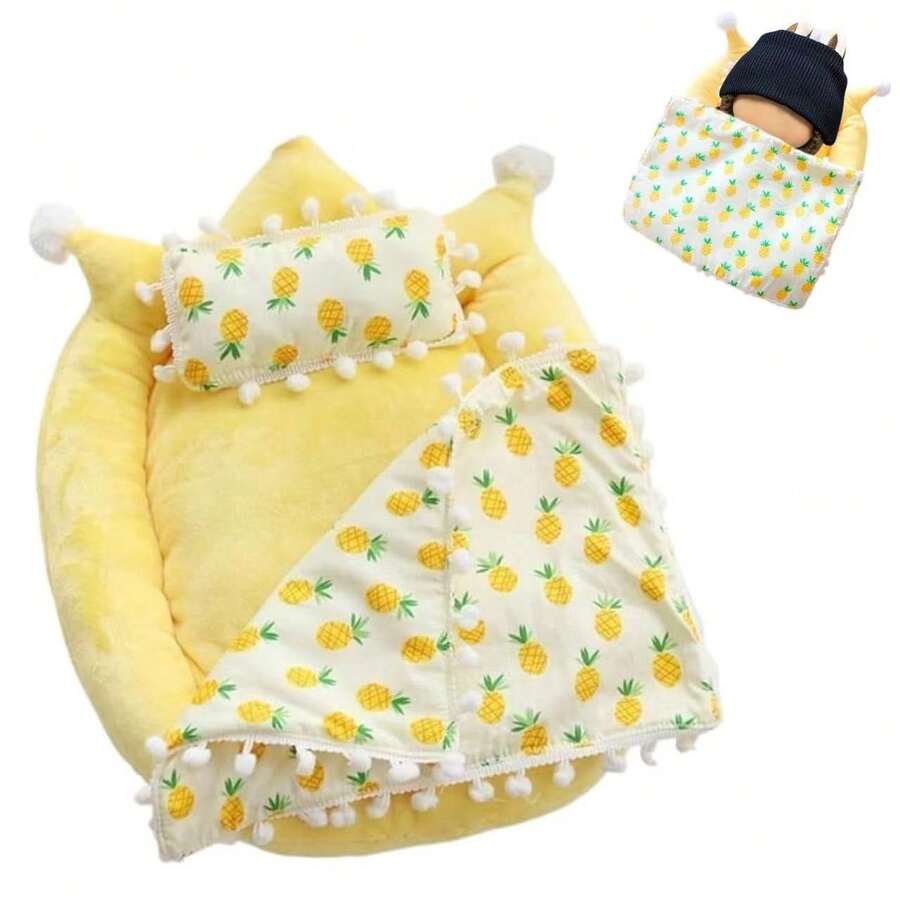 Mini Bed For Labubu Sofa, Doll House Furniture For Labubu Bedroom, Cute Doll Bed With Pillow And Blanket For 17cm Doll, Dollhouse Accessories For Labubu Decor Or Collectors - 黃色 - 查看 1