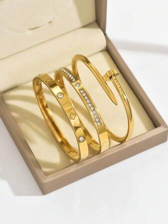 Brățară la modă cu trifoi cu patru foi, din oțel inoxidabil placat cu aur de 18K, 3 buc/1 buc, potrivită pentru petreceri de damă, purtare zilnică, stil european și american, personalizată, generoasă, brățară de lux cu zirconiu cubic, set de bijuterii de nuntă, cadou pentru fete, femei, rude, prietene, nuntă frumoasă, ziua de naștere