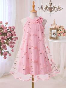 Vestito in rete con fiocco decorativo floreale, dolce e carino, adatto per primavera/estate per ragazze - Rosa - Visualizzare 1