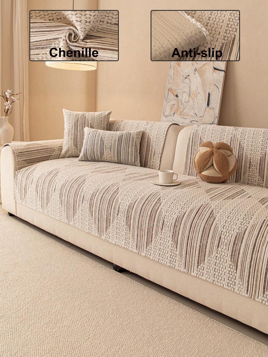1 chiếc vỏ đệm sofa vải chenille màu trơn, họa tiết sao tối giản, chống trượt, chống trầy xước, trang trí nhà cửa cho sofa 1/2/3/4 chỗ ngồi, dùng được cả bốn mùa - Màu be - Xem 1