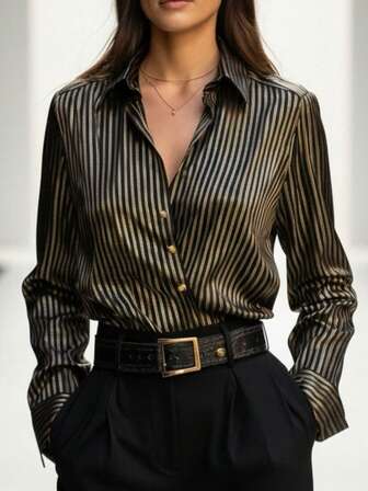 女士时尚休闲优雅撞色条纹金色纽扣翻领缎面印花衬衫，办公通勤日常穿着，春夏新款