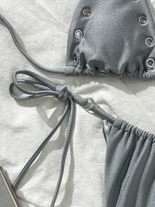 Bộ bikini tam giác gợi cảm thời trang xuân/hè mới dành cho nữ, gồm 2 mảnh, có đệm mút tháo rời, chi tiết khoét lỗ bằng kim loại, vải bóng, dây buộc cổ, thích hợp cho kỳ nghỉ hè đi biển. - Màu Xám nhạt - Xem 4