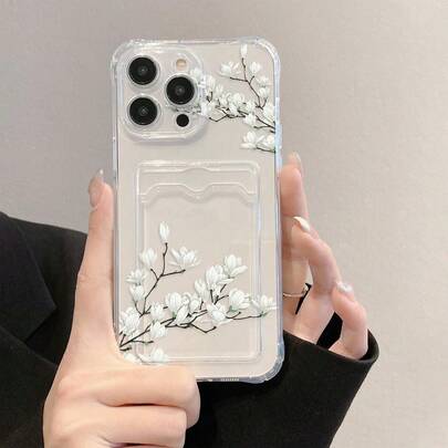 Magnolia Flower Painted Transparent Card Slot Minimalist Creative Shockproof Phone Case Compatible With Apple/Compatible With Redmi,International Version, Not The Domestic Version