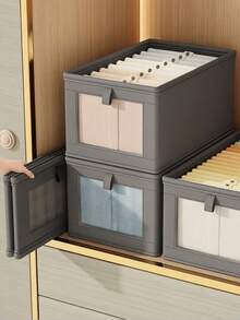 1 Stück faltbarer Leinenstoff Aufbewahrungskorb mit transparentem Fenster und Griff, verstärkter zusammenklappbarer Aufbewahrungsbox, Kleidung und Decken Organizer mit großer Kapazität für Schlafzimmer, Kleiderschrank - grau - Übersicht 12