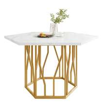 Conjunto de mesa y sillas de comedor (juego de 5 piezas), moderna mesa de comedor hexagonal de mármol + 4 sillas de comedor en terciopelo verde para crear un restaurante cálido y moderno. - Gris - Ver 8