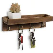 SUIOO MyGift - Porta Llaves para Pared de Madera Gris con 4 Ganchos Dobles de Metal Estante Flotante Vintage para Llaves - Marrón - Ver 1