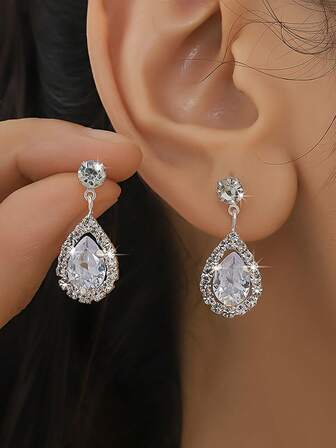 1 คู่ ต่างหูแบบติดหูรูปทรงหยดน้ำประดับเพชรเซอร์โคเนียแฟชั่นสำหรับผู้หญิง