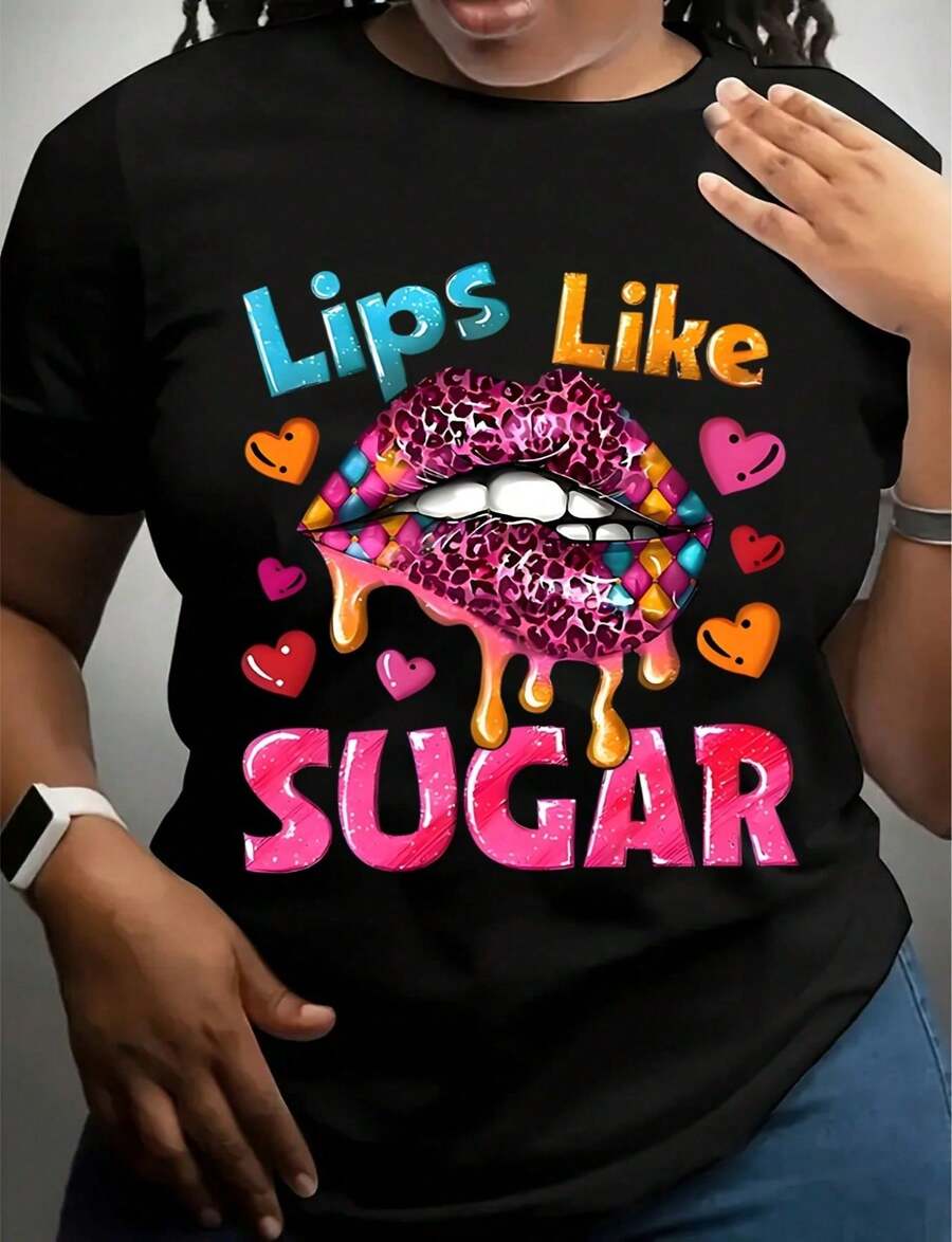 Lips Like Sugar T-Shirt For Women - Cute Pink Leopard Print Lips Design With Heart And Candy Motif Fun Graphic Tee For V220g High-Quality Pure Cotton T-Shirt With Minimalist Printing, Soft And Breathable Fabric, Comfortable And Loose Camisetas Para Hombre Graphic T Shirts Playeras De Hombre - 黑色8 - 查看 1