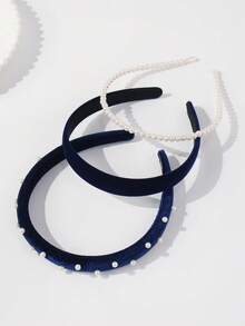 3pcs Versatile Elegant Velvet Pearl Sponge Headbands Set, Suitable For Various Occasions - Navy Blue - View 5