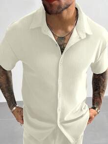 Áo sơ mi nam cổ điển dệt kim gân, tay ngắn, cổ polo, màu trơn, thích hợp cho kỳ nghỉ hè, mặc thường ngày và công sở. Một món quà Giáng sinh và năm mới tuyệt vời dành cho bố hoặc chồng. - Màu be - Xem 4
