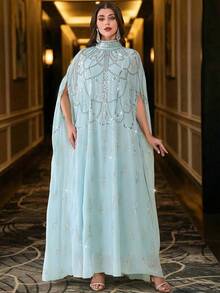 优雅串珠蝙蝠袖长立领长袍，梭织面料，刺绣图案