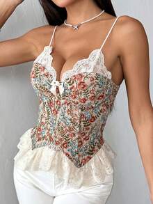 Vexica Women's Floral Lace Trim Corset Top, Vintage Cottagecore Bustier For Spring Brunch, Picnic Date & Vacation Outfit - Multicolor - View 9