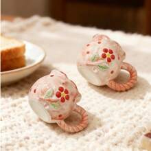 2个创意手绘梅花图案陶瓷咖啡杯，适合派对、办公室和家庭使用 - 粉色 - 查看 2