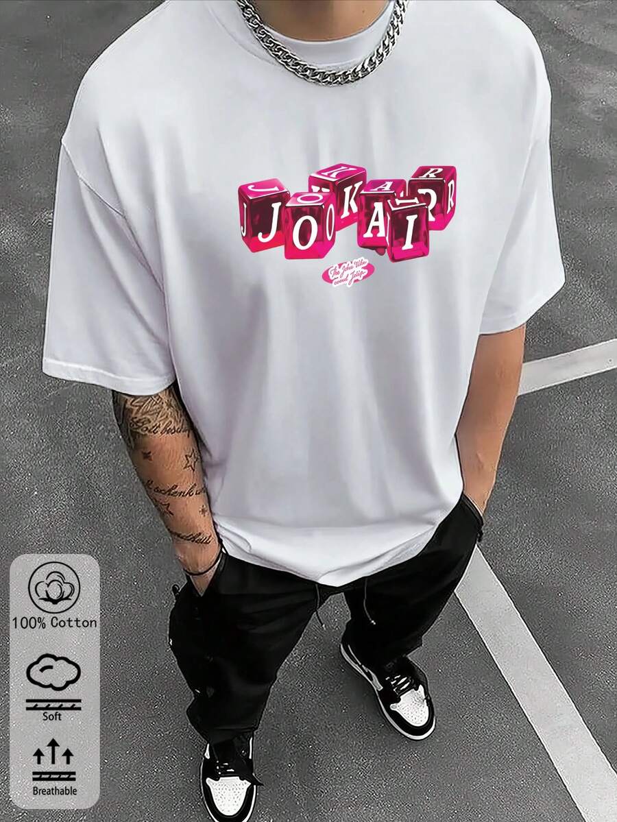 2026 Spring & Summer Men's Cotton T-Shirt - Casual Loose Fit With JOKER Graphic Print, Essential For A Stylish And  Streetwear Look - White - View 1