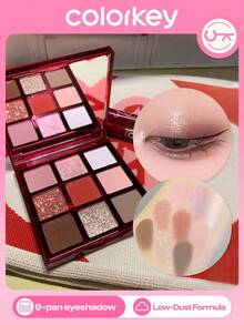 COLORKEY 9-Color Limited Edition Eyeshadow Palette, Red, Shimmery Eyeshadow Palette, High Color Payoff, Eyeshadow, Brightens Eyes, Glitter, Finely Milled Pearlescent, Easy To Use, Smooth Blendable Eyeshadow, Makeup Brand Product, Suitable For Women And Girls, Ideal For Autumn/Winter, Can Create Latte, Y2K, 90s, Cool Girl Makeup Looks, Lip Makeup Pairing, Bridal Makeup, Valentine's Day Gift - 9-Shade Eyeshadow Palette - 查看 1