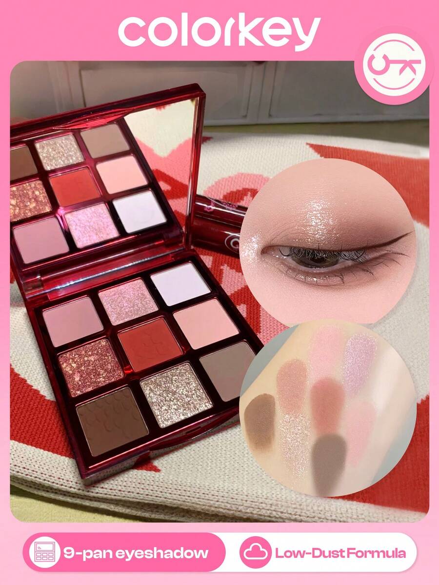 COLORKEY 9-Color Limited Edition Eyeshadow Palette, Red, Shimmery Eyeshadow Palette, High Color Payoff, Eyeshadow, Brightens Eyes, Glitter, Finely Milled Pearlescent, Easy To Use, Smooth Blendable Eyeshadow, Makeup Brand Product, Suitable For Women And Girls, Ideal For Autumn/Winter, Can Create Latte, Y2K, 90s, Cool Girl Makeup Looks, Lip Makeup Pairing, Bridal Makeup, Valentine's Day Gift - 9-Shade Eyeshadow Palette - 查看 1