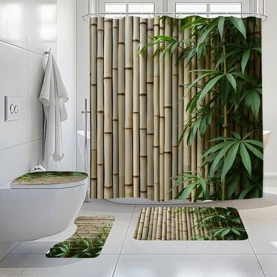1pc/3pcs/4pcs Minimalist Retro Bamboo Shower Curtain Set, Toilet Seat Cushion Floor Mat Set, Simulated Bamboo Printed Shower Curtain, Very Suitable For Bathroom Decoration, Universal Room Decoration, Home Decoration Set, Bathroom Accessories Bathtub Curtain, Toilet Seat Cushion Shower Curtain Set