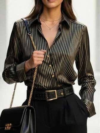 Women's Fashion Casual Elegant Contrast Striped Gold Button Front Lapel Collar Satin Print Shirt, Office Commute Daily Wear, Spring/Summer New
