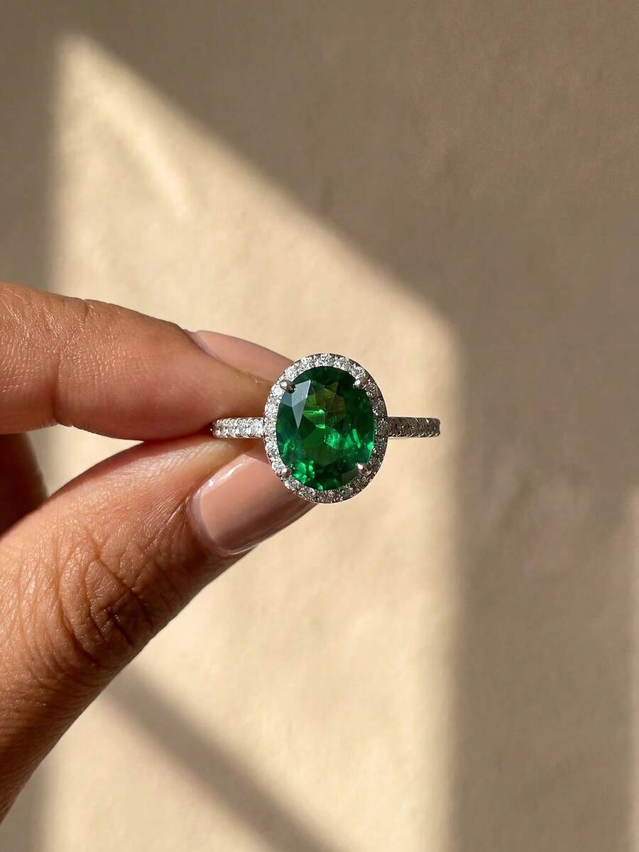 Stylever 1pc 925 Sterling Silver 8*10mm Micro Pave Super Sparkle Ring For Women Stylish Wedding Anniversary Gifts Fine Jewelry Daily Life Dating Decor - Green Stone - View 1
