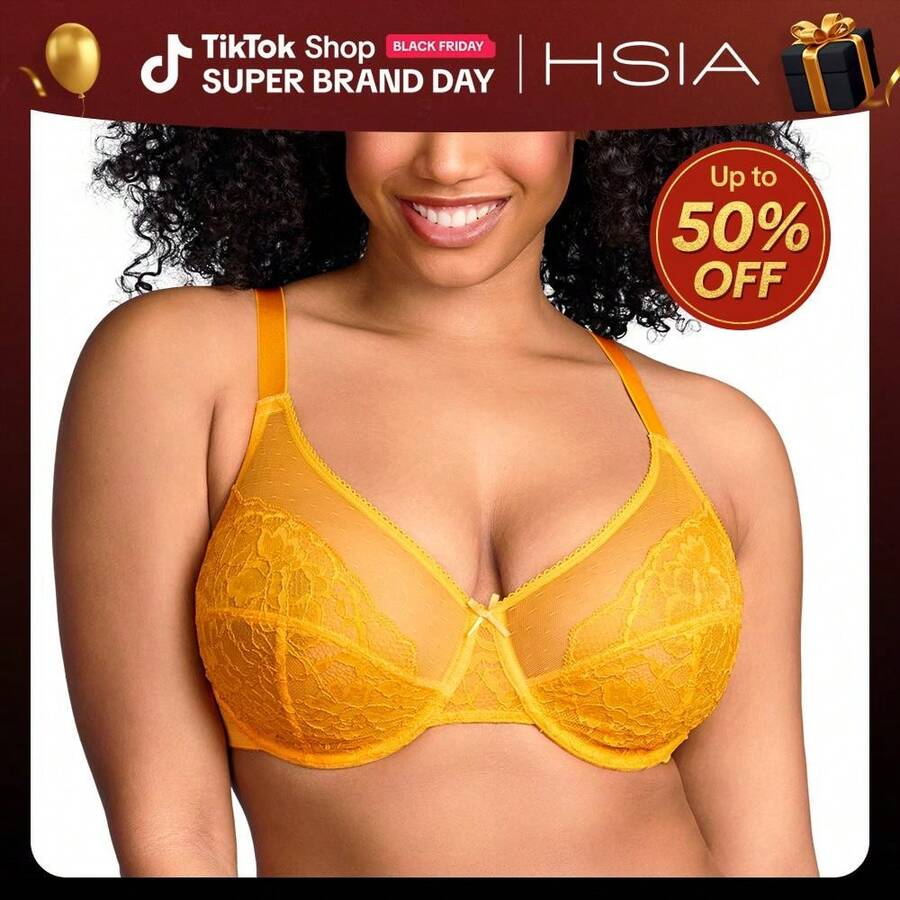 HSIA Enchante Floral Lace Underwire Plus Size Unlined Full Coverage Bra TikTokShopBlackFriday - Cadmium Yellow - View 1