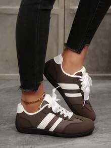 Brown & White Contrast Satin Bow Sneakers, Retro Striped Casual Shoes, Soft Sole Comfortable, Versatile Daily Wear - Brown - View 8