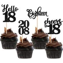 Bộ 12/24 phụ kiện trang trí bánh cupcake sinh nhật lần thứ 18, thiết kế lấp lánh với dòng chữ "Hello 18", "Cheers To 18", "Eighteen Since 2007", thích hợp để trang trí bánh sinh nhật lần thứ 18, màu đen. - màu đen - Xem 2
