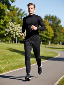 男士高领运动性能压缩衣 - 长袖，弹力修身，适合健身、跑步和骑行，透气圆领T恤 - 黑色 - 查看 5