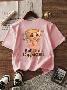1pc Girls Casual Printed Round Neck Short Sleeve T-Shirt, Summer Student Young Children Clothing - The T-Shirt With Shan Hai Jing Character Print Brings Joy And Happiness To Every Child! Ballerina Cappuccina - Pink - View 3