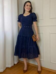 Women's 3-Marias Midi Dress In Elegant Cotton Lace With Belt And Ruffled Hem - Casual Fashion - For Dating Or Weddings - 藏蓝色 - 查看 3