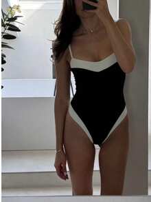 Women's Black & White Backless High-Cut One-Piece Swimsuit With Contrast Trim, High-Cut Design And Eye-Catching Contrast Trim, Suitable For Vacation Wear - Black and White - View 3