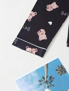 熊印花女士长袖睡衣套装 - 黑色 - 查看 5