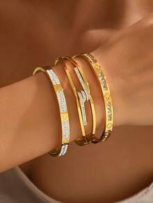 3pcs/1pc Fashion 18K Gold Plated Stainless Steel Four-Leaf Clover Nail Bracelet, Suitable For Women's Party, Daily Wear, European And American Style, Personalized, Generous, Luxury Cubic Zirconia Wristband, Wedding Jewelry Set - Yellow Gold - View 4