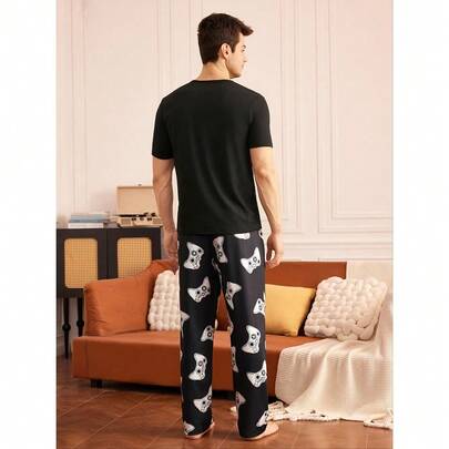 Local Delivery-- - Casual Home SuitMen's Summer - Printed Thin Short Sleeve Round Neck T-Shirt And Long Pants