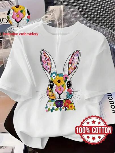 Camiseta de Mujer con Estampado de Conejo - 100% Cuello Redondo, Manga Corta, Ajuste Holgado con Diseño de Conejo Pastel y Floral, Suave //////, Transpirable, Top Casual para Primavera, Verano y Otoño
