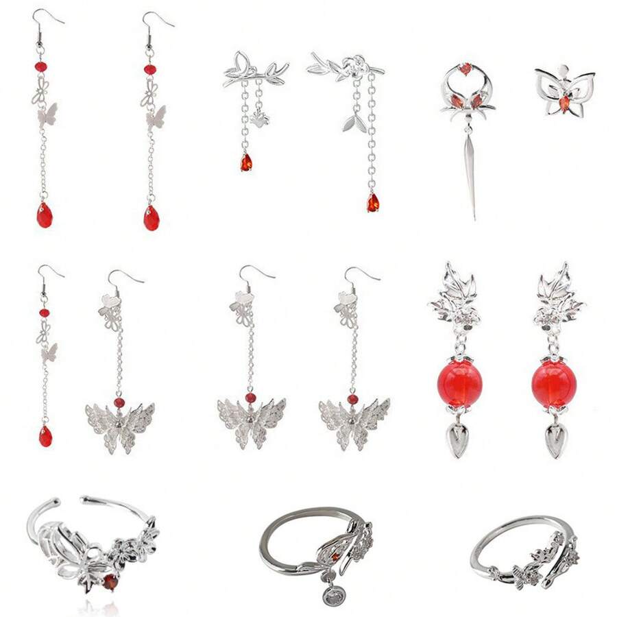 Anime Tianguan Blessing Cosplay Huacheng Xie Lian Couple Rings Tassel Butterfly Pendant Bracelet Earrings Ear Studs Earrings - C522 耳機 - 查看 1