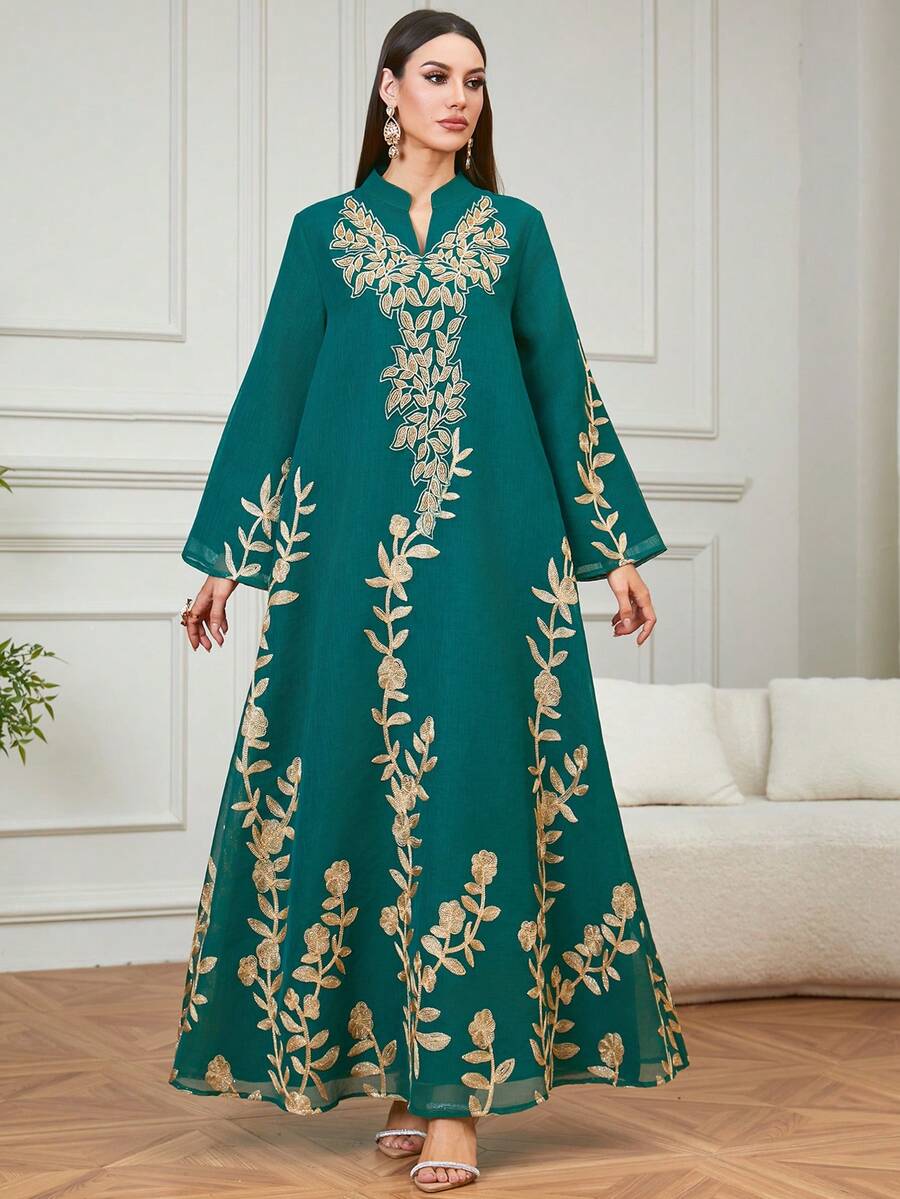 Women's Middle Eastern Ramadan New V-Neck Leaf Sequin Embroidered Long Sleeve Kaftan Robe, Suitable For Parties, Daily Wear, And Dates - Green - View 1