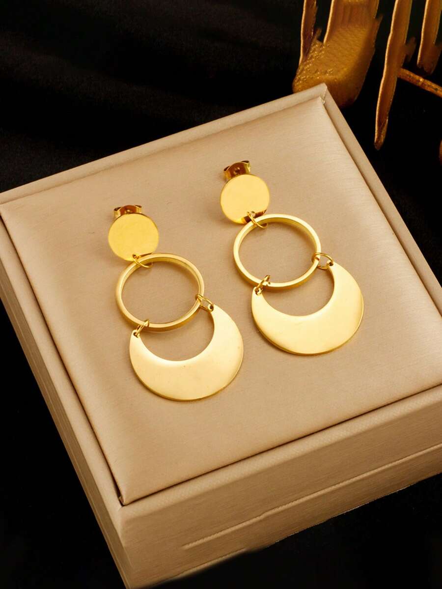 1 par de pendientes minimalistas de metal geométricos exagerados de círculo de acero inoxidable para mujer, adecuados para uso diario - Amarillo Oro - Ver 1