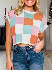 Womens Cap Sleeve Color Block Knit Crop Top Summer Casual  Going Out - 粉色 - 查看 3