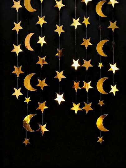 4 Sets Of 4m Star & Moon Flag Decor, Ramadan Decoration, Gold Moon & Star Garland, Shiny Little Stars, Moon Theme Birthday Party Decor, Graduation Ceremony Decor, Starry New Year Banner, Hanging Stars, Baby Shower, Eid Celebration