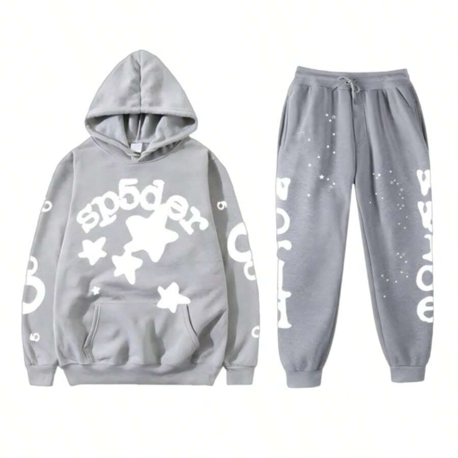 Fashion Street Hooded Set - Playful Star And Letter Print, Loose Casual Design,Y2K Preferred Two - Piece For Daily Sports And Streetwear - Xám - Xem 1