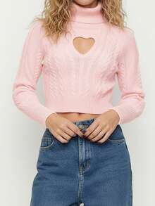 Women's Valentine's Day Knit Sweater Long Sleeve High Neck Hollow Heart Knitwear Tops - Hồng - Xem 2