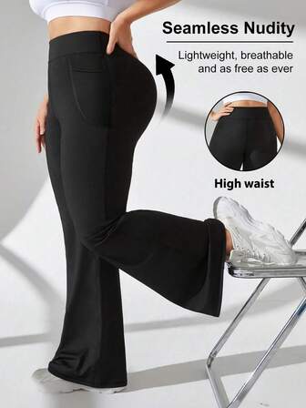 Speed mate Plusstorlekar utsvängda yogabyxor med fickor - Träningsleggings med hög midja och magkontroll, fukttransporterande grenkil, lämplig för vandring och utomhusaktiviteter, kvinnor