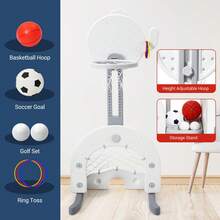 Tobogán y columpio 7 en 1 para niños pequeños, tobogán extra largo de 193 cm para niños de 1 a 3 años, juego para interior y exterior con columpio ajustable y aro de baloncesto, juego de fútbol, ​​golf y lanzamiento de aros, gris - Gris - Ver 6