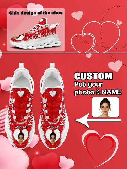 Custom Unisex Valentine's Day Sneakers With Personalized Photo Print, Festive Heart Design Cozy Shoes With Customized Photo, Lightweight Comfortable Soft Bottom Sneakers For Men And Women, Gym Training Breathable Tennis Shoes, Unique Valentine's Gift For Mom/Dad/Her/Him/Girlfriend/Boyfriend/Wife/Husband/Friend ﻿