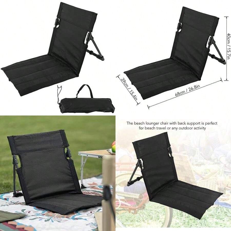 Luqeeg Silla de Playa Reclinable Portátil, Vibrante, con Bolsillo y Respaldo Ajustable, para Baños de Sol y Campamento, Color Beis(Negro) - Multicolor - Ver 1