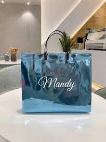 1pc Custom Name Tote Bag, Personalized Name Neon Transparent Beach Bag, Personalized Fashionable PVC Holographic Colorful Large Capacity Waterproof Casual Versatile Shoulder Bag, Custom Bridesmaids Tote Bag, Anniversary Gift, Valentine Gift, Birthday Gift, Wedding Gift, Mother's Day Gift, Father's Day Gift, Best Friend Gift, Gift For Mom/Dad - Multicolor - View 7
