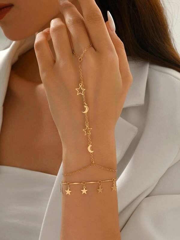 2pcs/Set Starry Moon Tassel Element Finger Chain Set, Fashionable Double-Layer Stacking Bracelet, Suitable For Festival, Daily Wear, Dates, And Photo Shoots. Handmade Chain Length Customized, Tassel Quantity Random