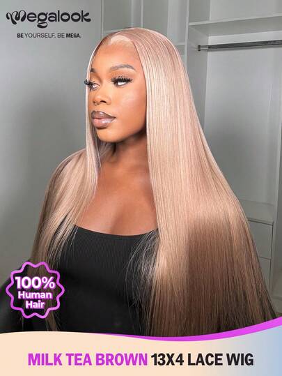 MEGALOOK 13x4 Lace Front Milk Tea Brown 100% Human Hair Silky Straight Wigs - Transparent Lace Brazilan Virgin Hair Light Brown Color Wig Pre Plucked Natural Hairline Lace Frontal Wigs 180% Density 10-30 Inch - Natural Looking Daily Use Office Ready Corpse Bride Halloween Vibes Party Style Y2K Baddie Vacation Outfits Outdoor Cosplay Campus School Holiday Christmas Part Wedding Festival Ready Human Hair Wig